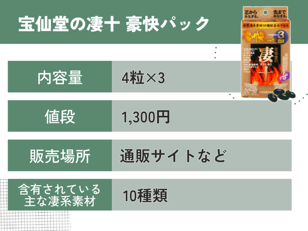 宝仙堂の凄十 豪快パック:1,300円(錠剤)の効果や口コミ