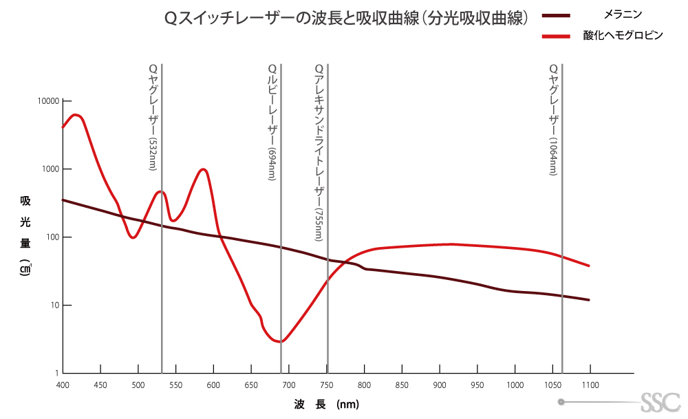 SSCクリニックのQスイッチレーザーの波長と吸収曲線